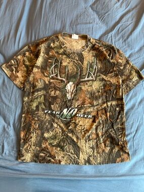 Vintage 90s Single Stitch Camo Buck Wear AOP T Shirt Size XL Fear No Deer Hunt
